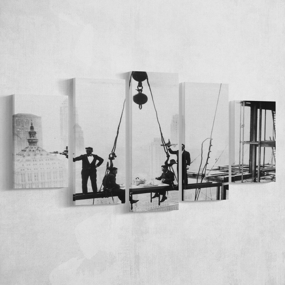 Dining On A Nyc Skyscraper Black And White Print, 5 Panels, Canvas Prints Wall Art Decor, Large Canvas Art