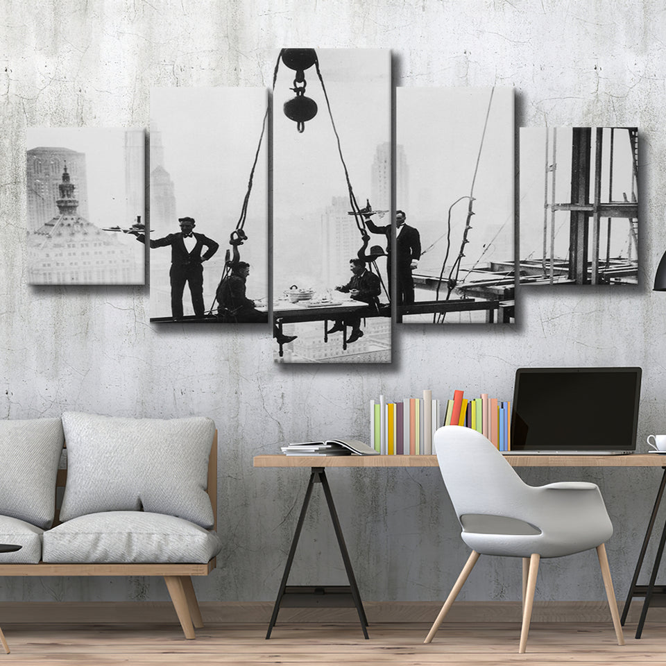 Dining On A Nyc Skyscraper Black And White Print, 5 Panels, Canvas Prints Wall Art Decor, Large Canvas Art