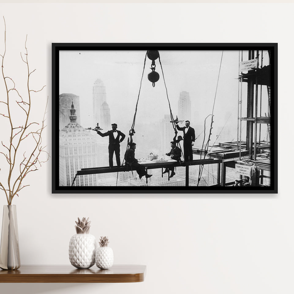 Dining On A Nyc Skyscraper Black And White Print, Framed Canvas Prints Wall Art Home Decor,Floating Frame