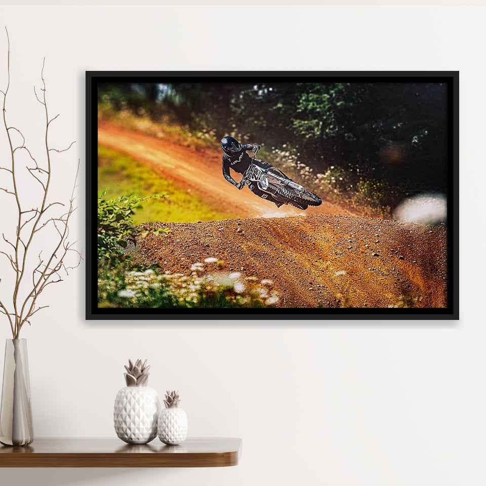 Dirt Bike Canvas Art, Motocross Framed Canvas Prints Wall Art Decor, Black Floating Frame
