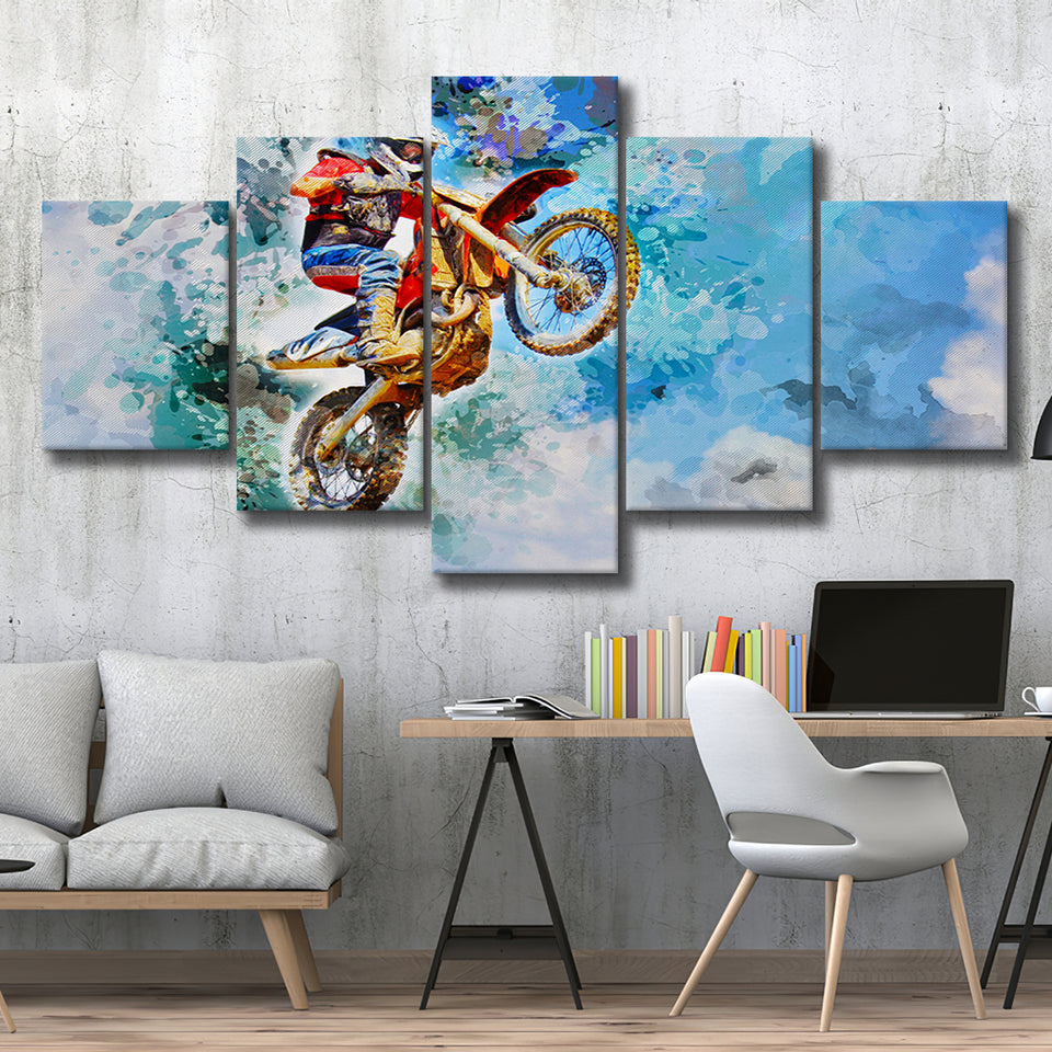 Dirt Bike Jump 5 Pieces Canvas Prints Wall Art Decor - Painting Canvas, Mixed Canvas, Multi Panels