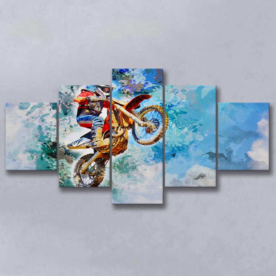 Dirt Bike Jump 5 Pieces Canvas Prints Wall Art Decor - Painting Canvas, Mixed Canvas, Multi Panels