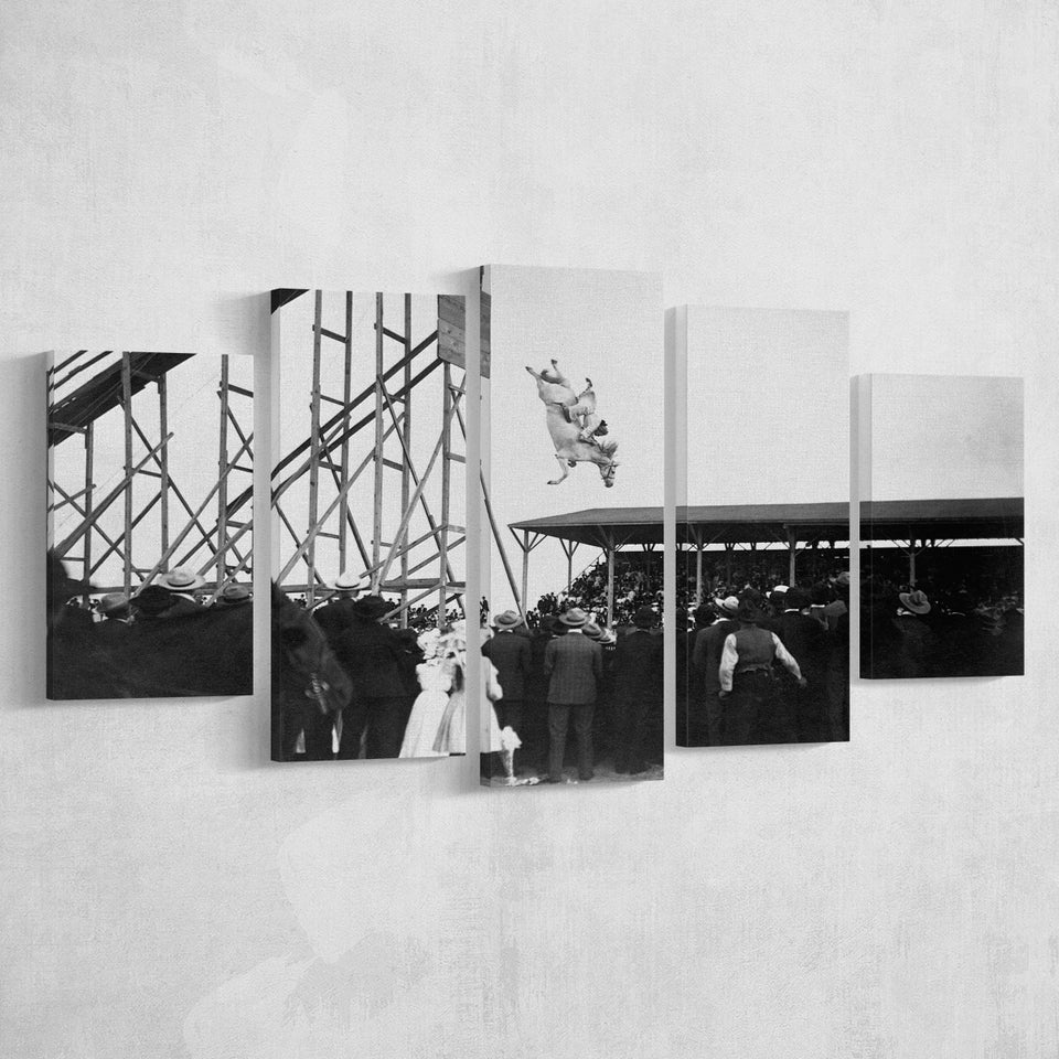 Diving Horse Black And White Print, Vintage Horse Diving Photo 5 Panels, Canvas Prints Wall Art Decor, Large Canvas Art