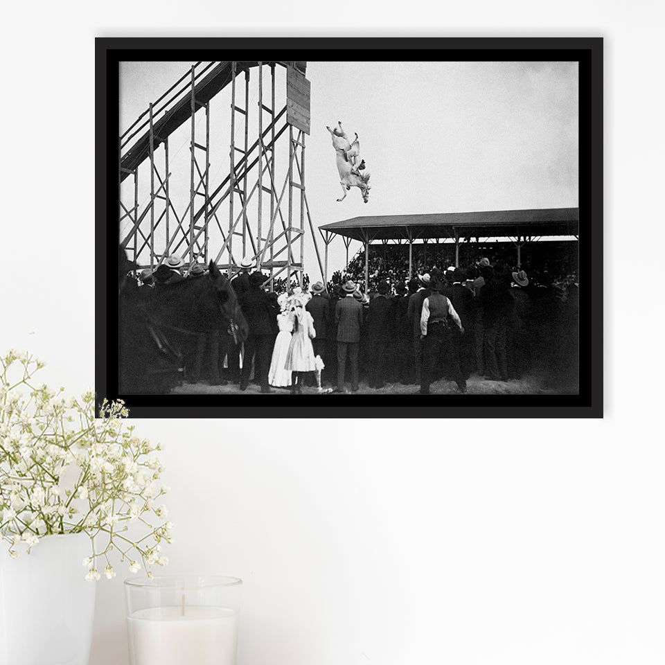 Diving Horse Black And White Print, Vintage Horse Diving Photo Framed Canvas Prints Wall Art Home Decor,Floating Frame