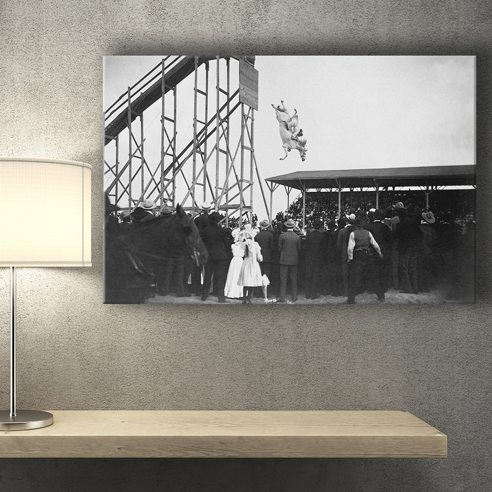 Diving Horse Black And White Print, Vintage Horse Diving Photo Canvas Prints Wall Art Home Decor