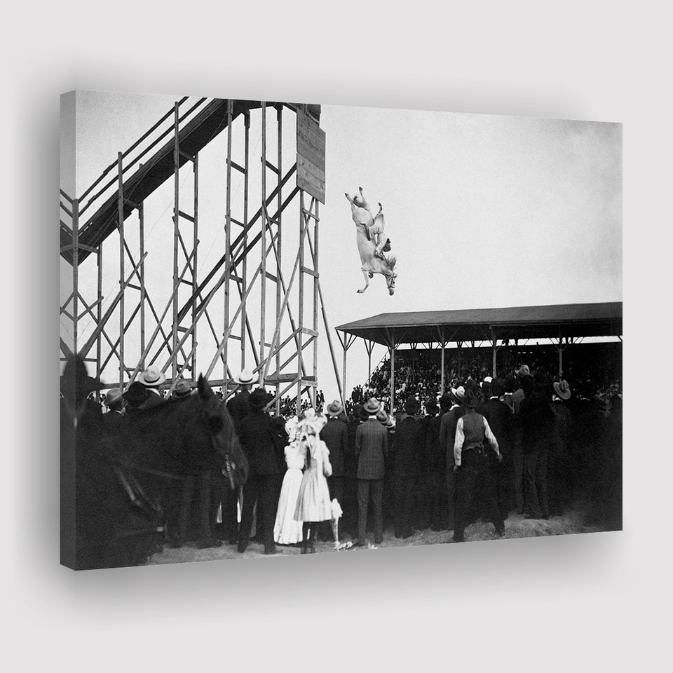 Diving Horse Black And White Print, Vintage Horse Diving Photo Canvas Prints Wall Art Home Decor