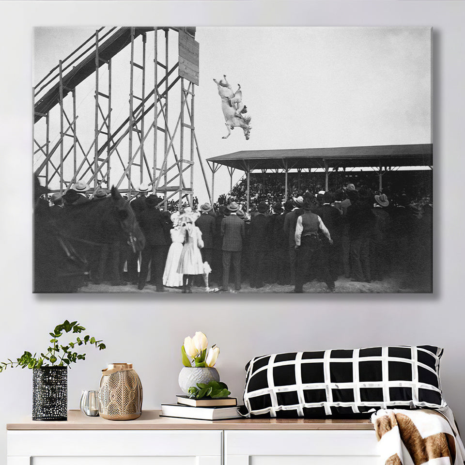 Diving Horse Black And White Print, Vintage Horse Diving Photo Canvas Prints Wall Art Home Decor