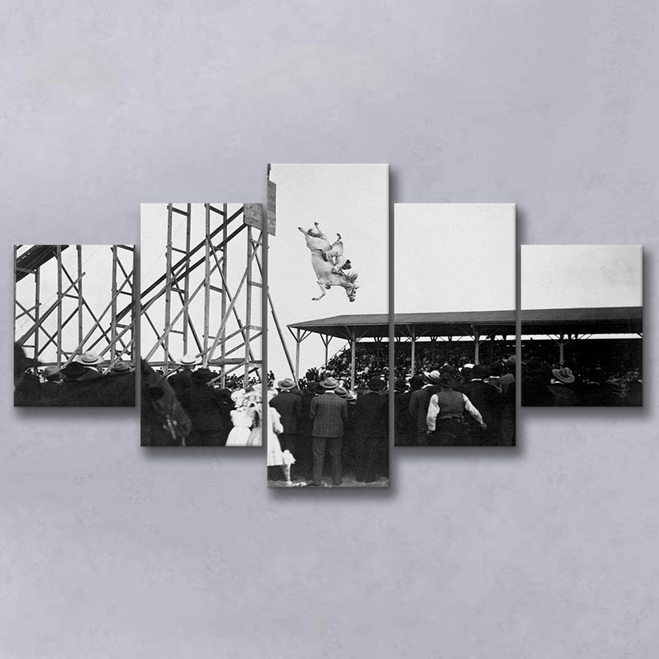 Diving Horse Black And White Print, Vintage Horse Diving Photo 5 Panels, Canvas Prints Wall Art Decor, Large Canvas Art
