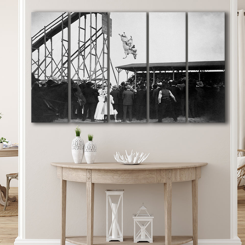 Diving Horse Black And White Print, Vintage Horse Diving Photo Larger Canvas Art, 5 Piece Canvas Prints Wall Art Decor