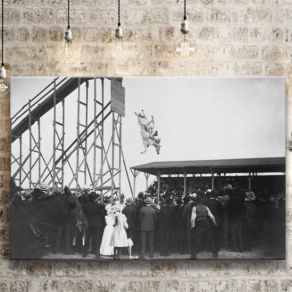 Diving Horse Black And White Print, Vintage Horse Diving Photo Canvas Prints Wall Art Home Decor