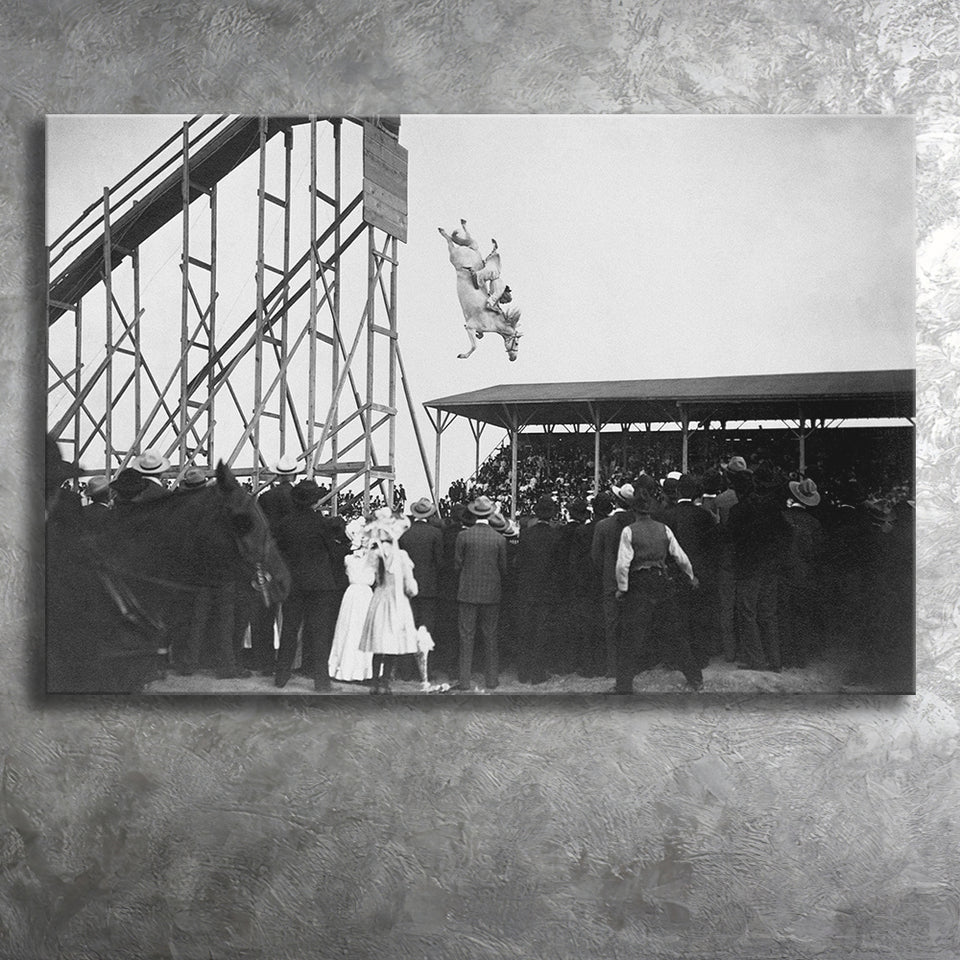 Diving Horse Black And White Print, Vintage Horse Diving Photo Canvas Prints Wall Art Home Decor