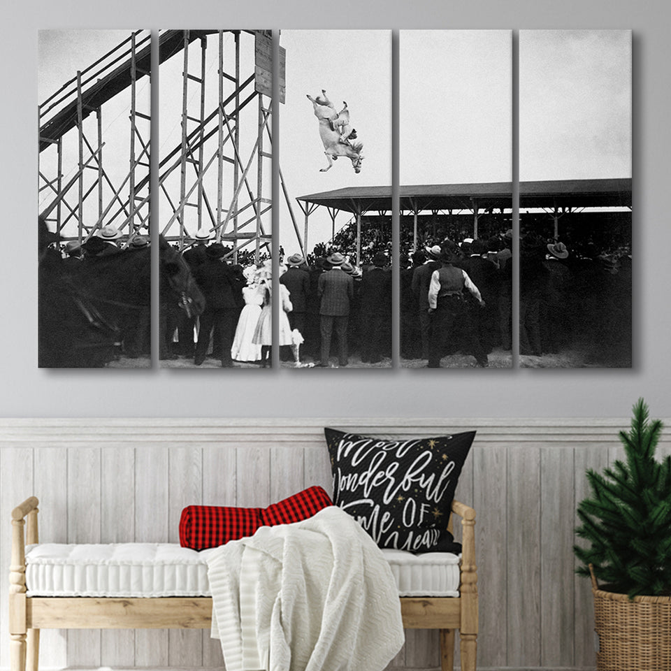 Diving Horse Black And White Print, Vintage Horse Diving Photo Larger Canvas Art, 5 Piece Canvas Prints Wall Art Decor