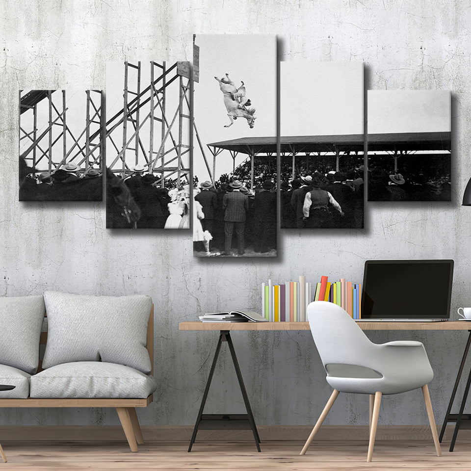 Diving Horse Black And White Print, Vintage Horse Diving Photo 5 Panels, Canvas Prints Wall Art Decor, Large Canvas Art