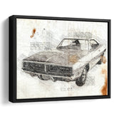 Dodge Charger 1969 Da Vinci Style Framed Canvas Prints - Painting Canvas, Framed Art,Wall Art,Old Car, Prints for Sale,Wal Decor
