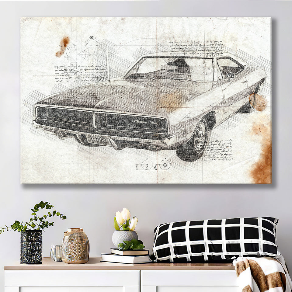 Dodge Charger 1969 Da Vinci Style Canvas Prints - Painting Canvas, Wall Art,Old Car, Prints for Sale,Wal Decor, Home Decor