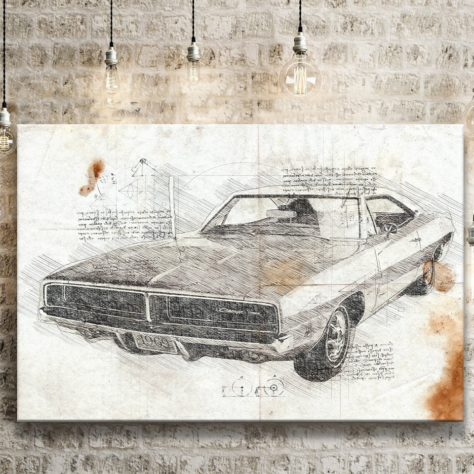 Dodge Charger 1969 Da Vinci Style Canvas Prints - Painting Canvas, Wall Art,Old Car, Prints for Sale,Wal Decor, Home Decor