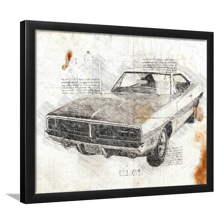 Dodge Charger 1969 Da Vinci Style Framed Art Prints - Painting Art, Framed Art,Wall Art,Old Car, Prints for Sale,Wal Decor