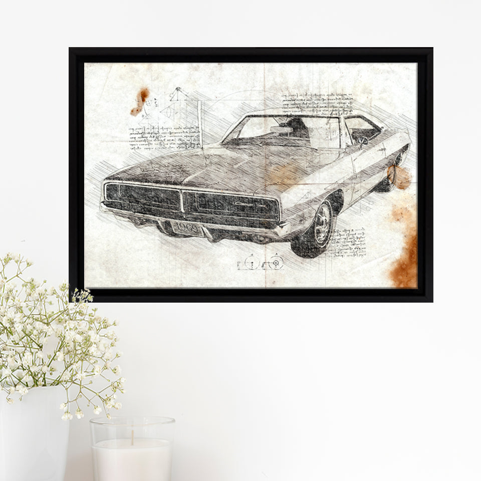 Dodge Charger 1969 Da Vinci Style Framed Canvas Prints - Painting Canvas, Framed Art,Wall Art,Old Car, Prints for Sale,Wal Decor