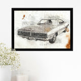 Dodge Charger 1969 Da Vinci Style Framed Canvas Prints - Painting Canvas, Framed Art,Wall Art,Old Car, Prints for Sale,Wal Decor