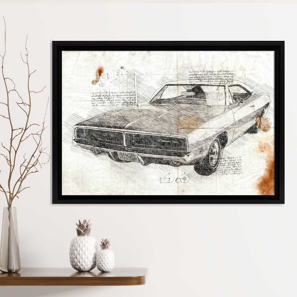 Dodge Charger 1969 Da Vinci Style Framed Canvas Prints - Painting Canvas, Framed Art,Wall Art,Old Car, Prints for Sale,Wal Decor