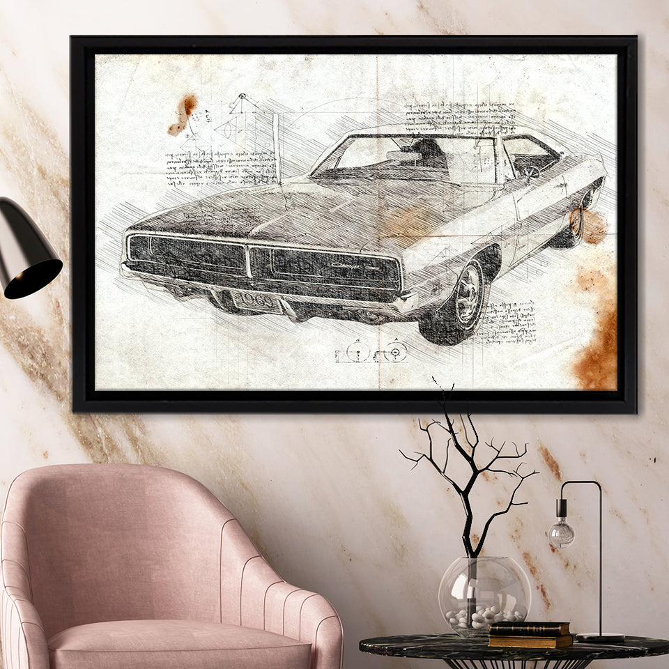 Dodge Charger 1969 Da Vinci Style Framed Canvas Prints - Painting Canvas, Framed Art,Wall Art,Old Car, Prints for Sale,Wal Decor