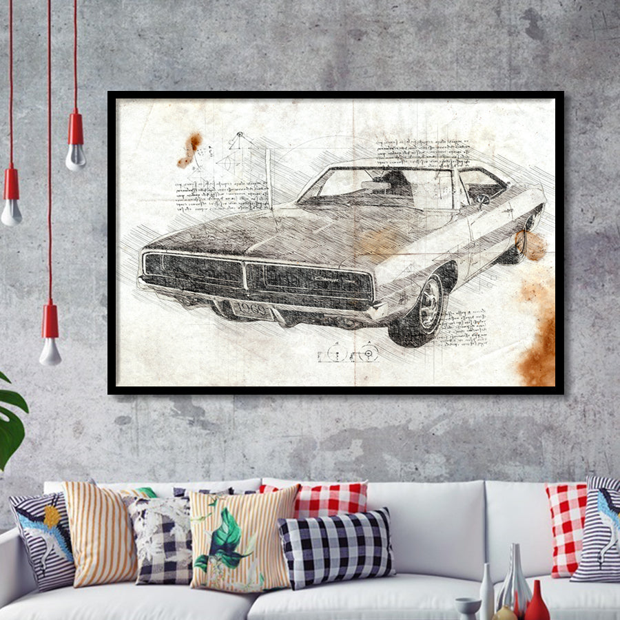 Dodge Charger 1969 Da Vinci Style Framed Art Prints - Painting Art, Framed Art,Wall Art,Old Car, Prints for Sale,Wal Decor