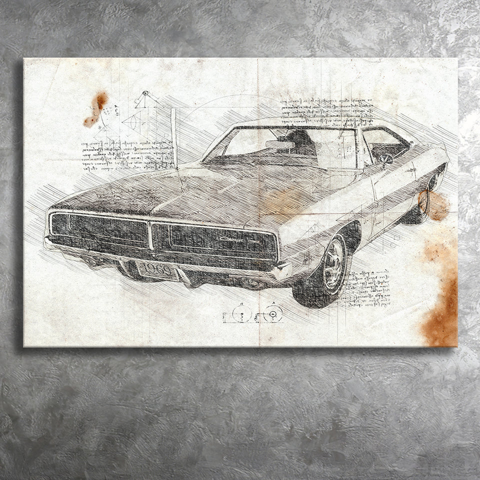 Dodge Charger 1969 Da Vinci Style Canvas Prints - Painting Canvas, Wall Art,Old Car, Prints for Sale,Wal Decor, Home Decor