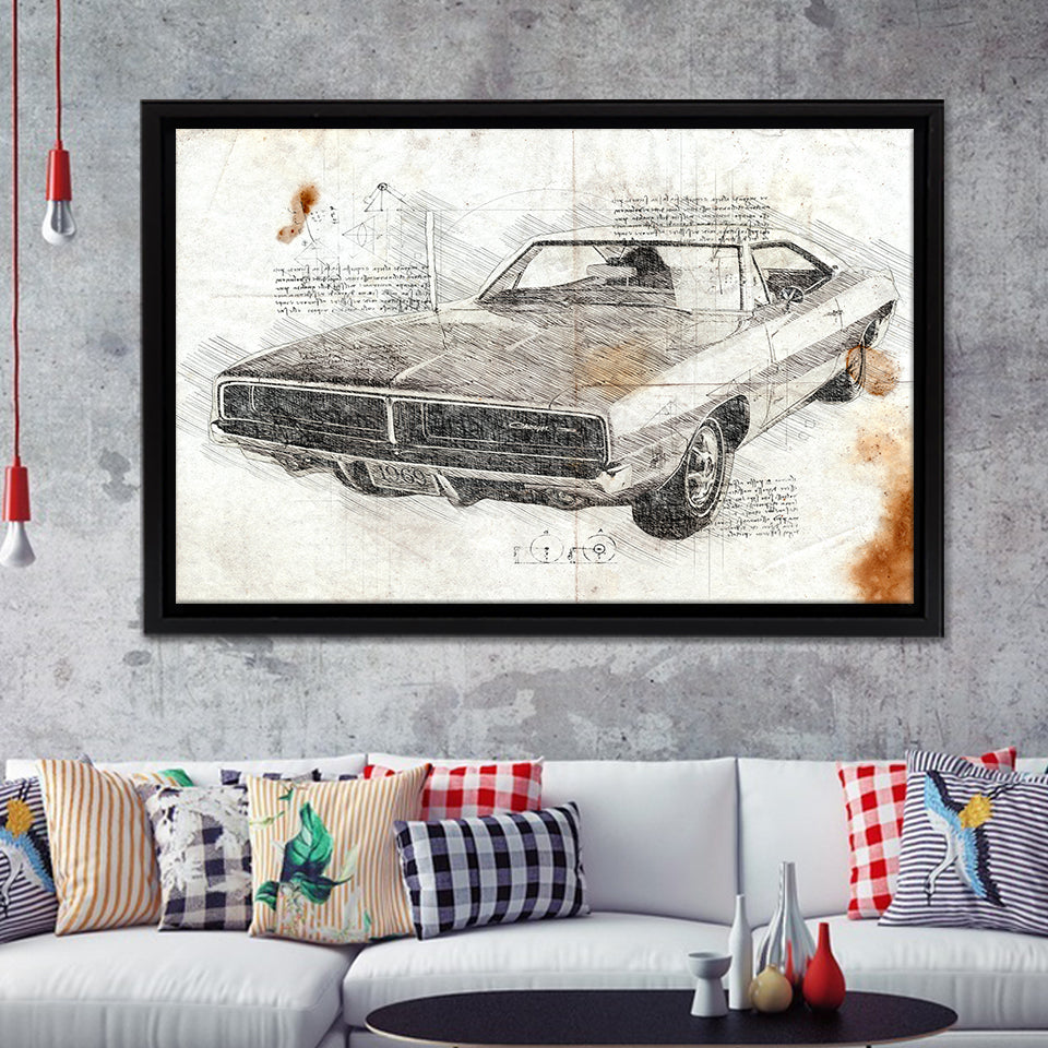 Dodge Charger 1969 Da Vinci Style Framed Canvas Prints - Painting Canvas, Framed Art,Wall Art,Old Car, Prints for Sale,Wal Decor