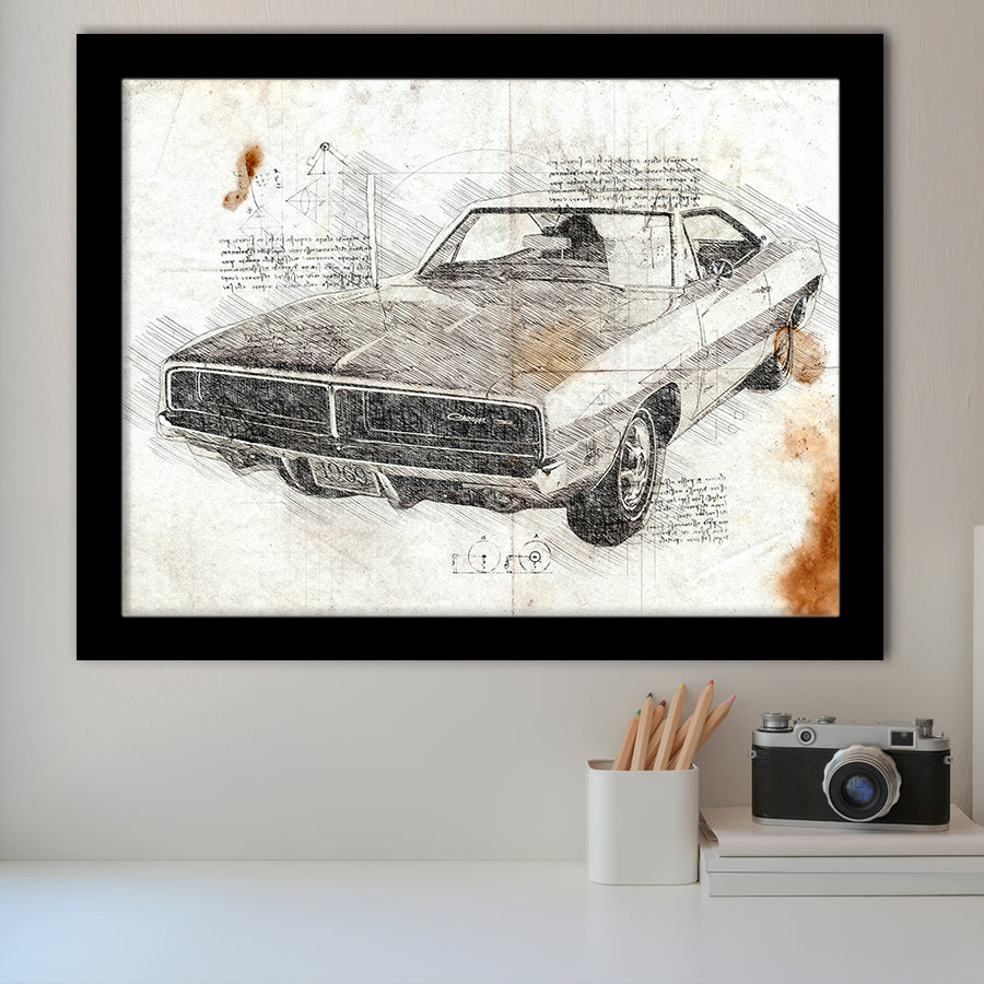 Dodge Charger 1969 Da Vinci Style Framed Art Prints - Painting Art, Framed Art,Wall Art,Old Car, Prints for Sale,Wal Decor