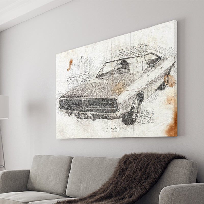 Dodge Charger 1969 Da Vinci Style Canvas Prints - Painting Canvas, Wall Art,Old Car, Prints for Sale,Wal Decor, Home Decor