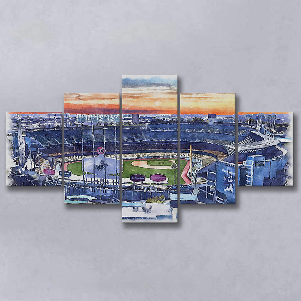 Dodger Stadium Los Angeles Dodgers Watercolor, 5 Pieces, Multi Panel Canvas Prints Wall Art Decor