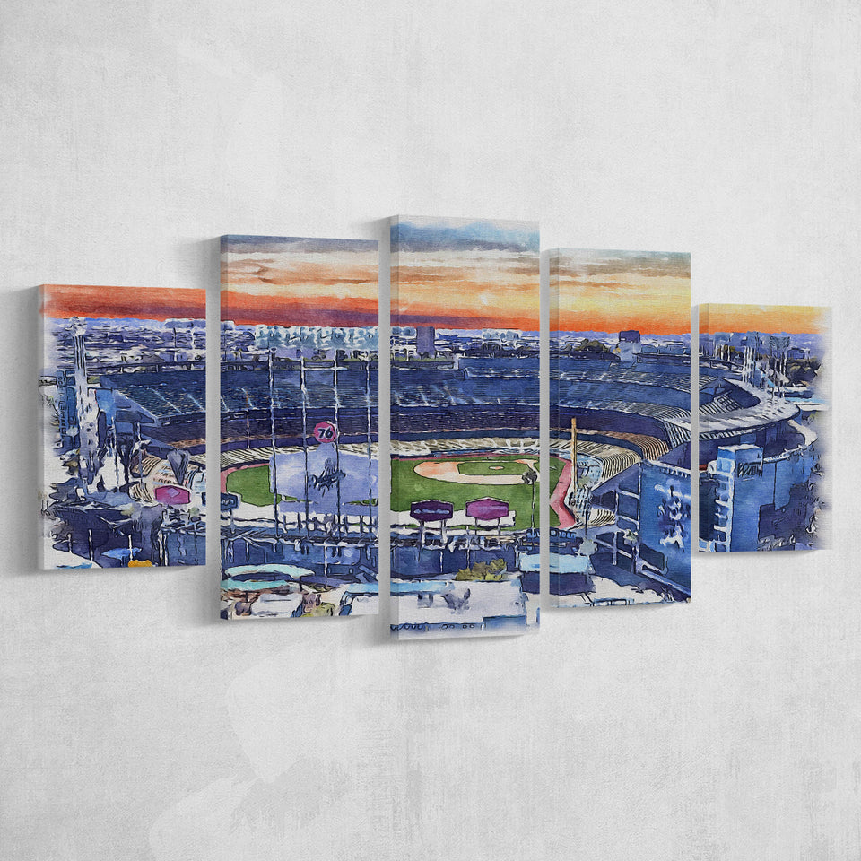 Dodger Stadium Los Angeles Dodgers Watercolor, 5 Pieces, Multi Panel Canvas Prints Wall Art Decor