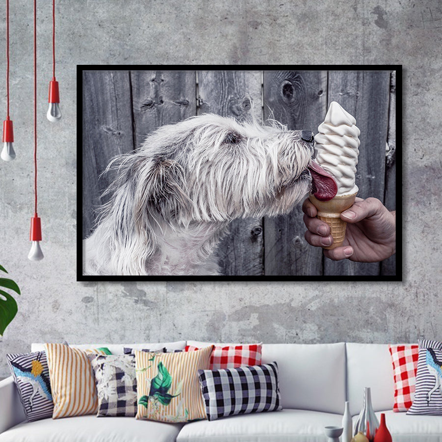 Dog Eating Ice Cream Art, Framed Art Prints Wall Art Home Decor, Ready to Hang