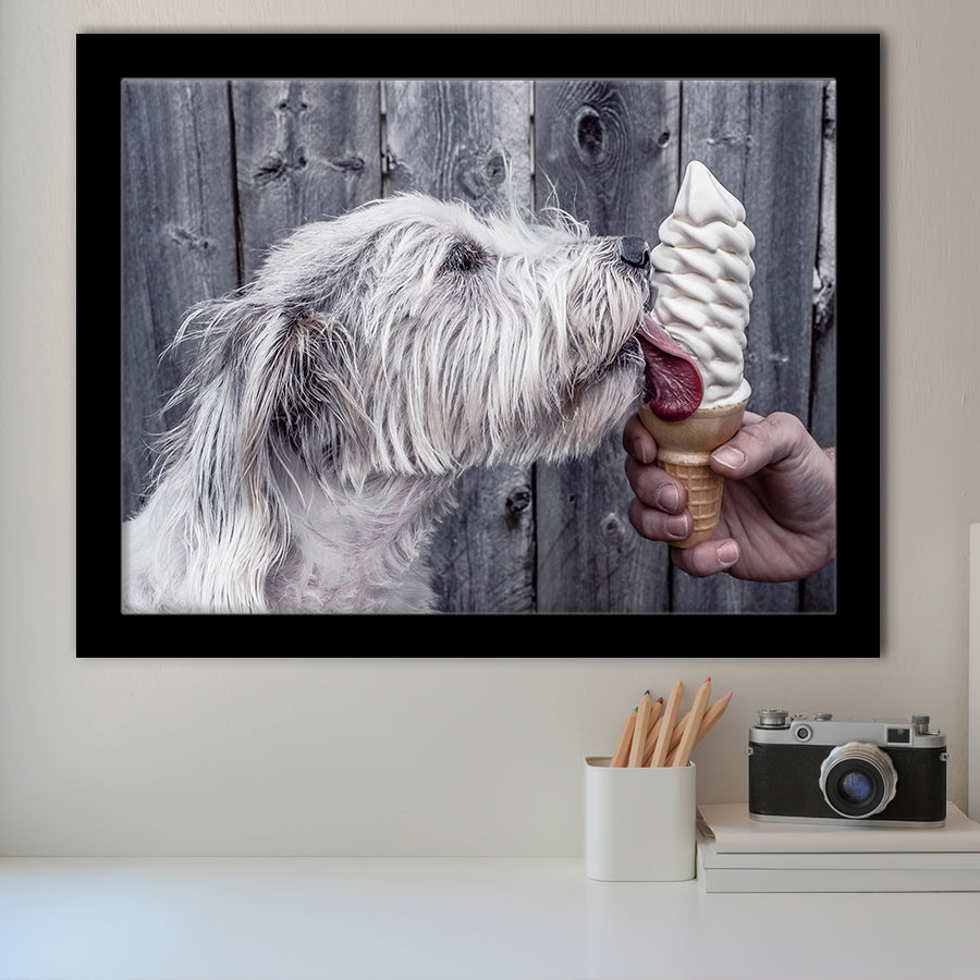 Dog Eating Ice Cream Art, Framed Art Prints Wall Art Home Decor, Ready to Hang