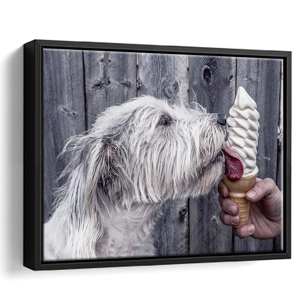 Dog Eating Ice Cream Art, Framed Canvas Prints Wall Art Home Decor,Floating Frame, Ready to Hang