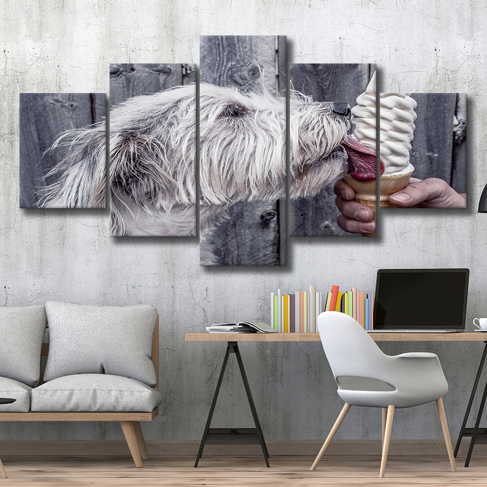 Dog Eating Ice Cream Art, Multi Panels, 5 Pieces, Canvas Prints Wall Art Home Decor