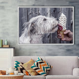 Dog Eating Ice Cream Art, Framed Canvas Prints Wall Art Home Decor,Floating Frame, Ready to Hang