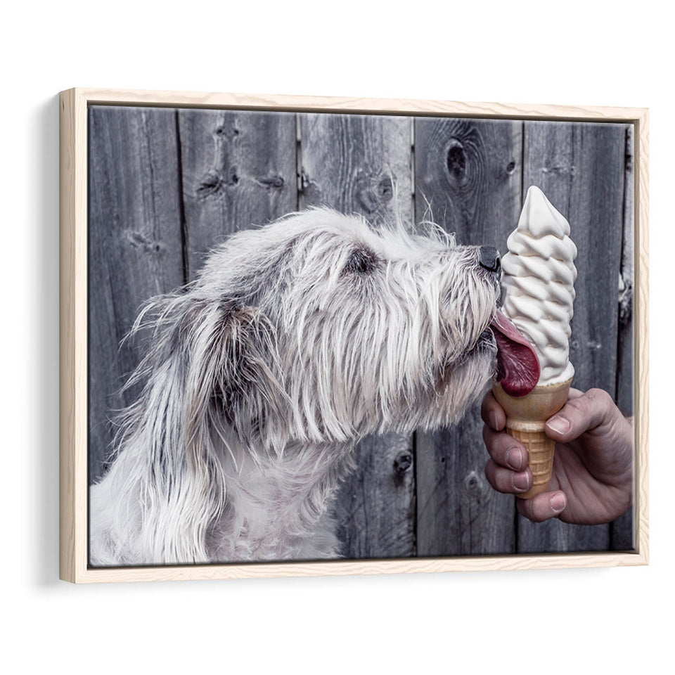 Dog Eating Ice Cream Art, Framed Canvas Prints Wall Art Home Decor,Floating Frame, Ready to Hang