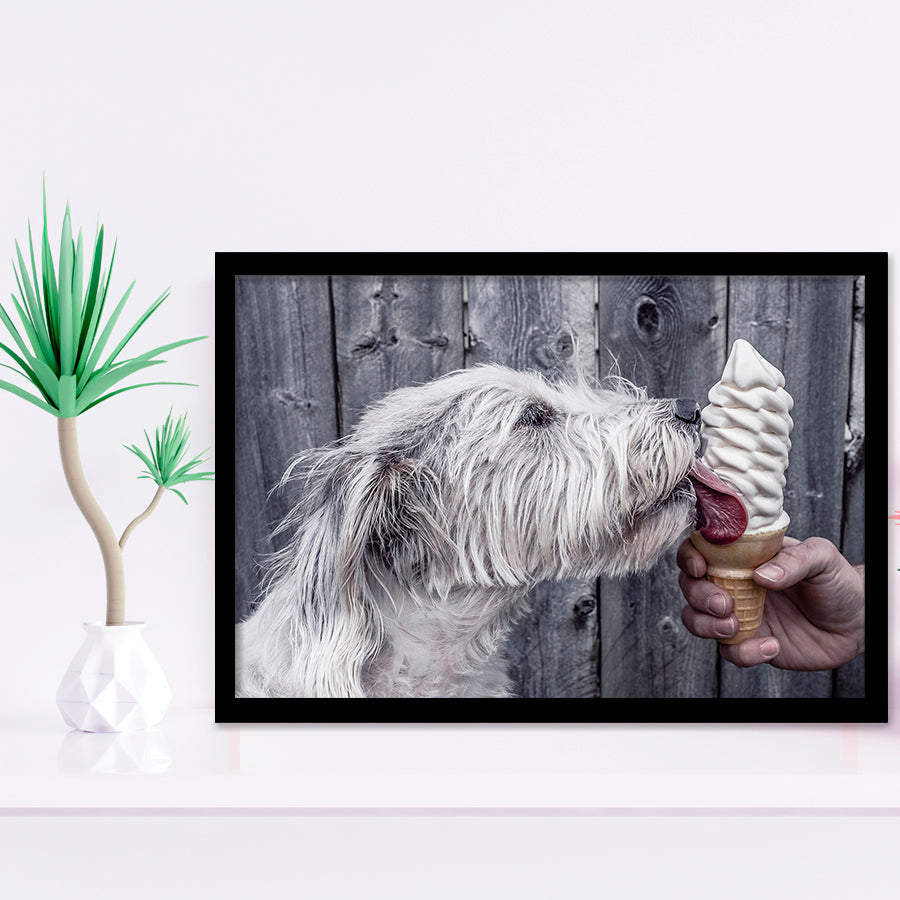 Dog Eating Ice Cream Art, Framed Art Prints Wall Art Home Decor, Ready to Hang