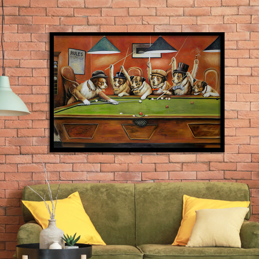 Dog Playing Pool Billard II Framed Art Prints Wall Decor - Painting Art, Wall Art, Framed Prints, Prints for Sale