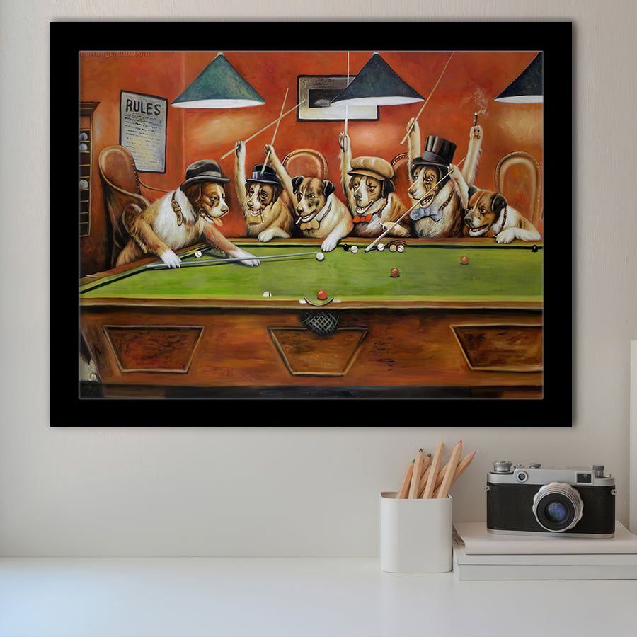 Dog Playing Pool Billard II Framed Art Prints Wall Decor - Painting Art, Wall Art, Framed Prints, Prints for Sale
