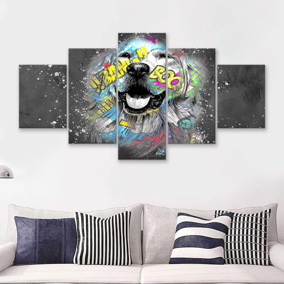 Dog Portrait Puppy Smile Pop Art Pet Lover Canvas 5 Pieces Prints Wall Art Decor - Painting Canvas, Multi Panels, Canvas Print