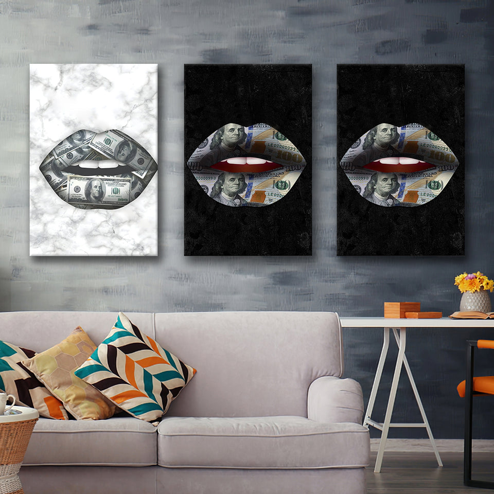 Dollar Bill Money Lips Wall Art Set of 3 Piece Canvas Prints Wall Art Decor