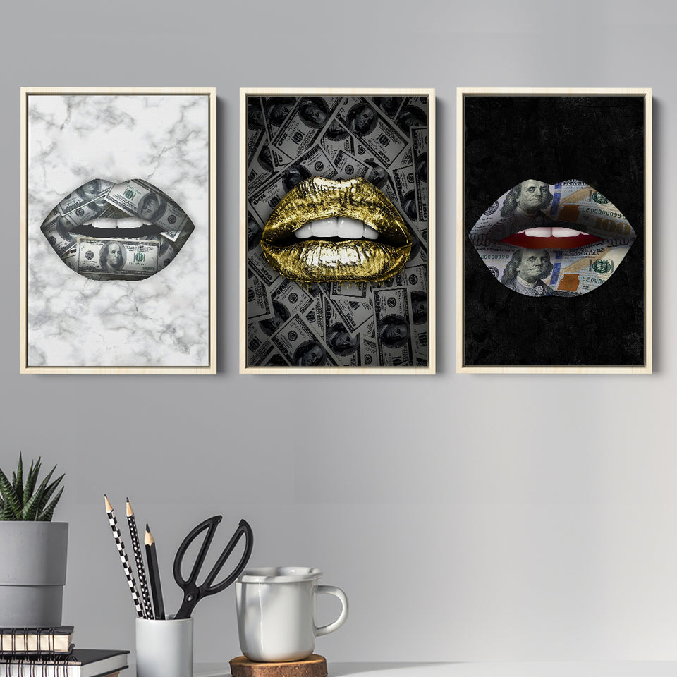 Dollar Bill Money Lips Wall Art Set of 3 Piece Framed Canvas Prints Wall Art Decor