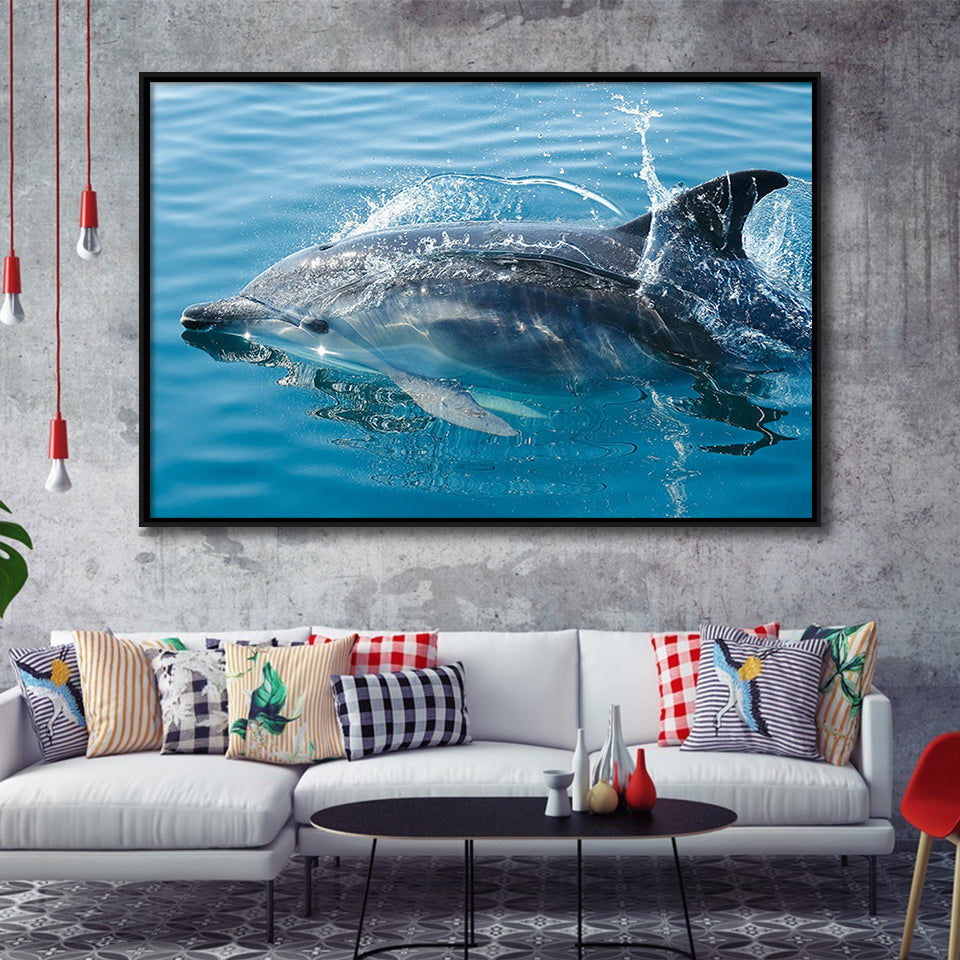 Dolphin, Dolphins Framed Canvas Prints Wall Art Decor, Black Floating Frame