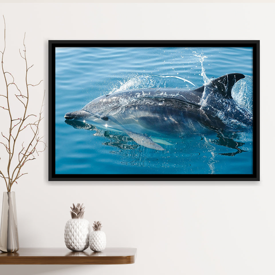 Dolphin, Dolphins Framed Canvas Prints Wall Art Decor, Black Floating Frame