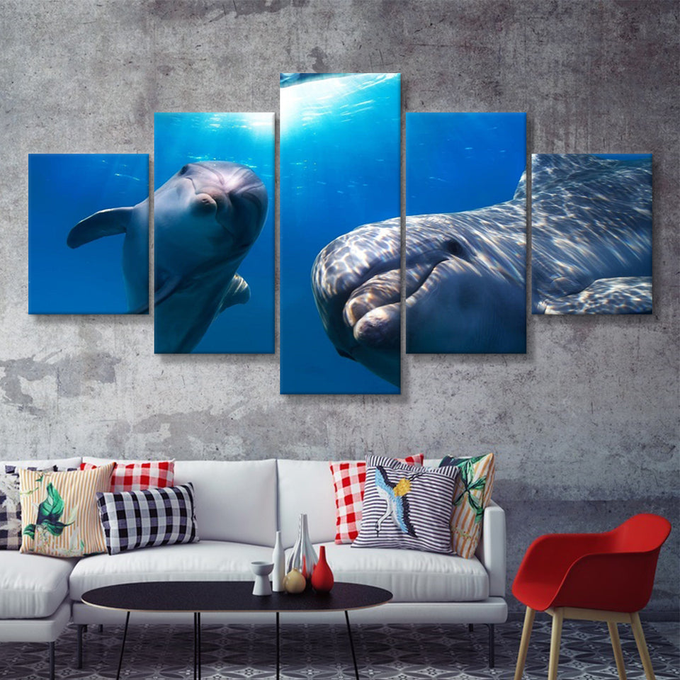 Dolphin Ocean Marine Underwate  5 Pieces Canvas Prints Wall Art - Painting Canvas, Multi Panels, 5 Panel, Wall Decor