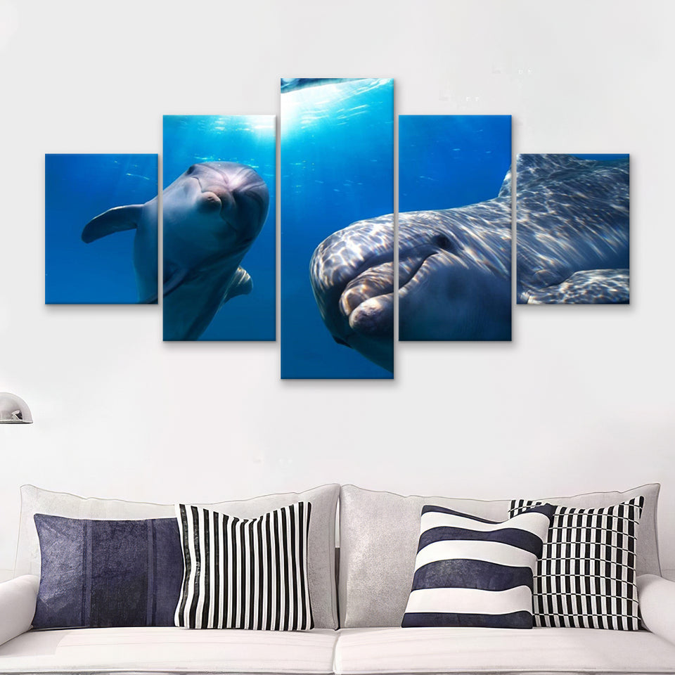 Dolphin Ocean Marine Underwate  5 Pieces Canvas Prints Wall Art - Painting Canvas, Multi Panels, 5 Panel, Wall Decor