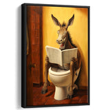 Donkey Smiling And Reading Newpaper In Toilet Funny Animal Art,Framed Canvas Prints,Floating Frame, Wall Art Home Decor