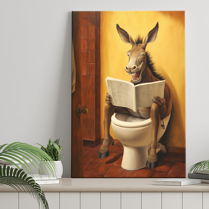 Donkey Smiling And Reading Newpaper In Toilet Funny Animal Art, Painting Art, Canvas Prints Wall Art Home Decor